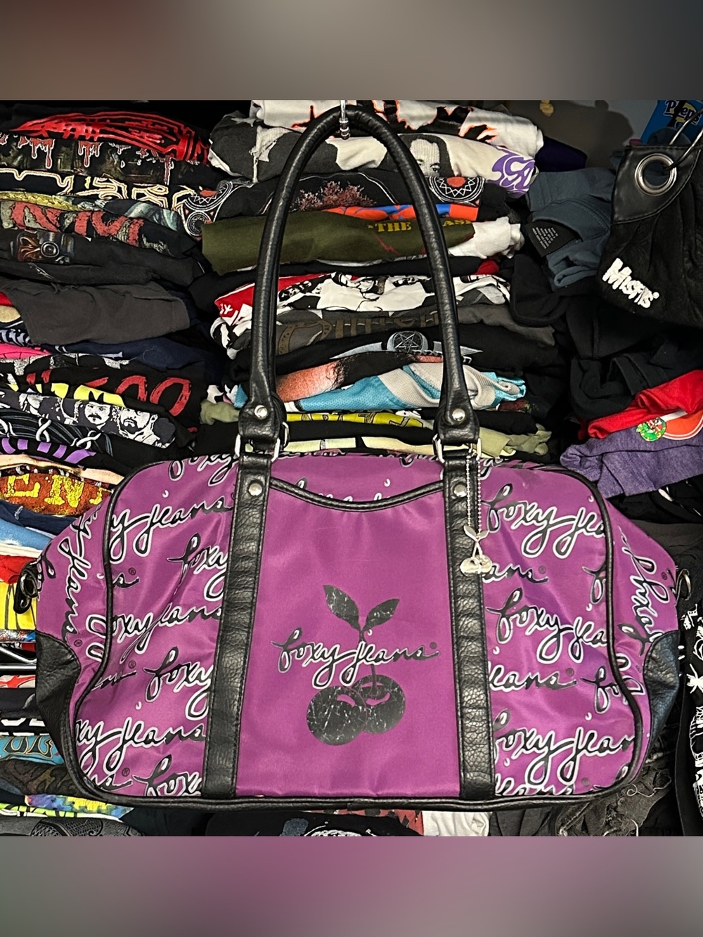 Y2K FOXY JEANS purple cherry print travel tote bag.